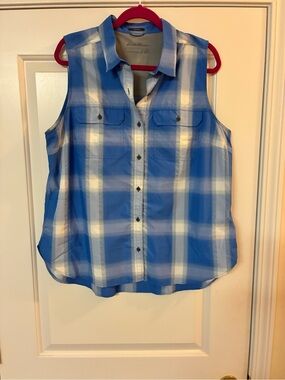 Eddie Bauer Women's Mountain Sleeveless Shirt Ocean Plaid Size XL Tall